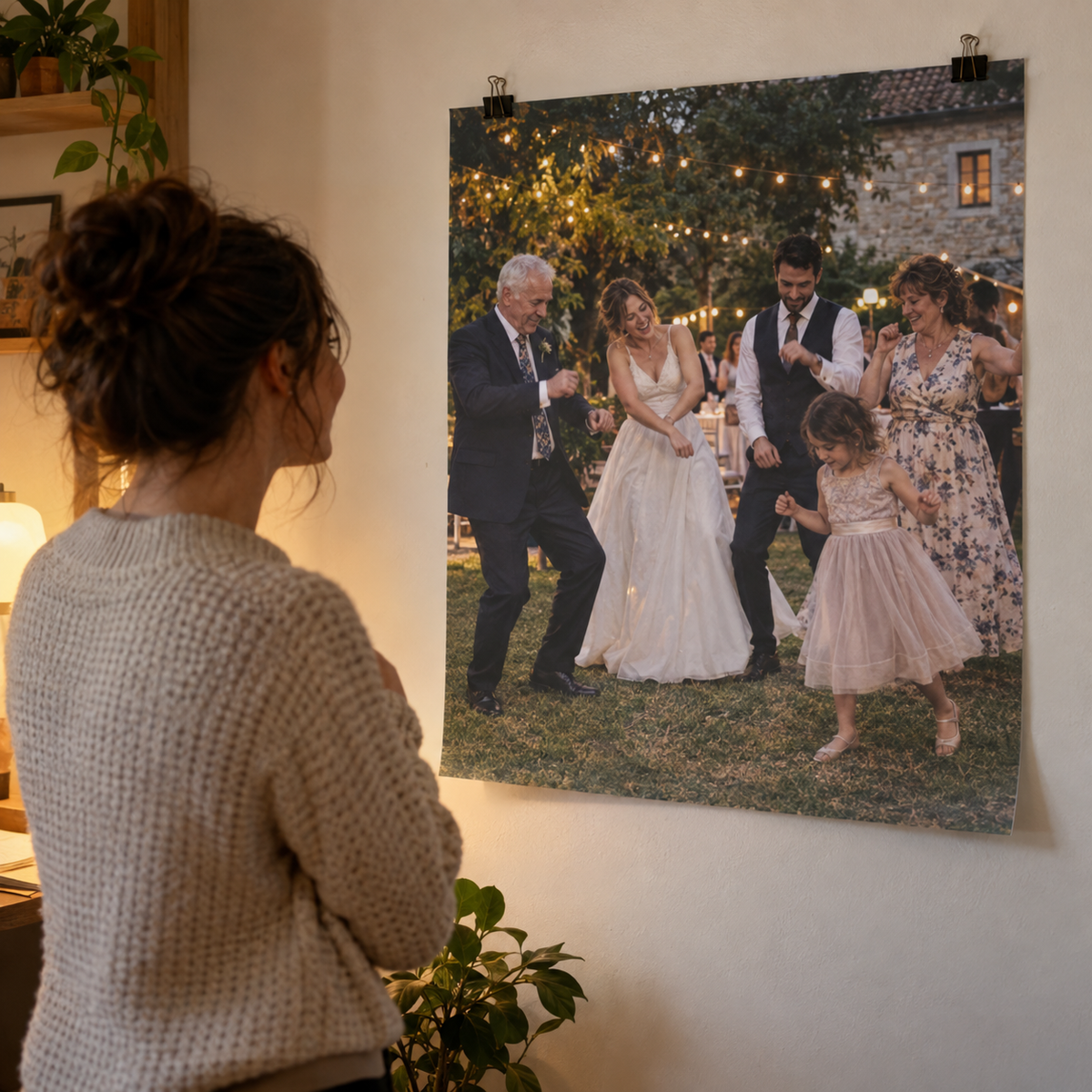 Matte personalized photo poster showing a family dancing at a garden wedding.