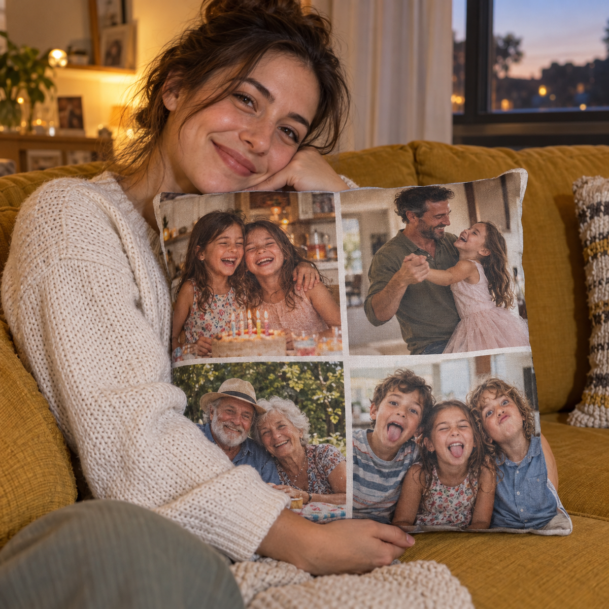 Personalized square pillow printed with four warm family photos, held on a sofa at home.