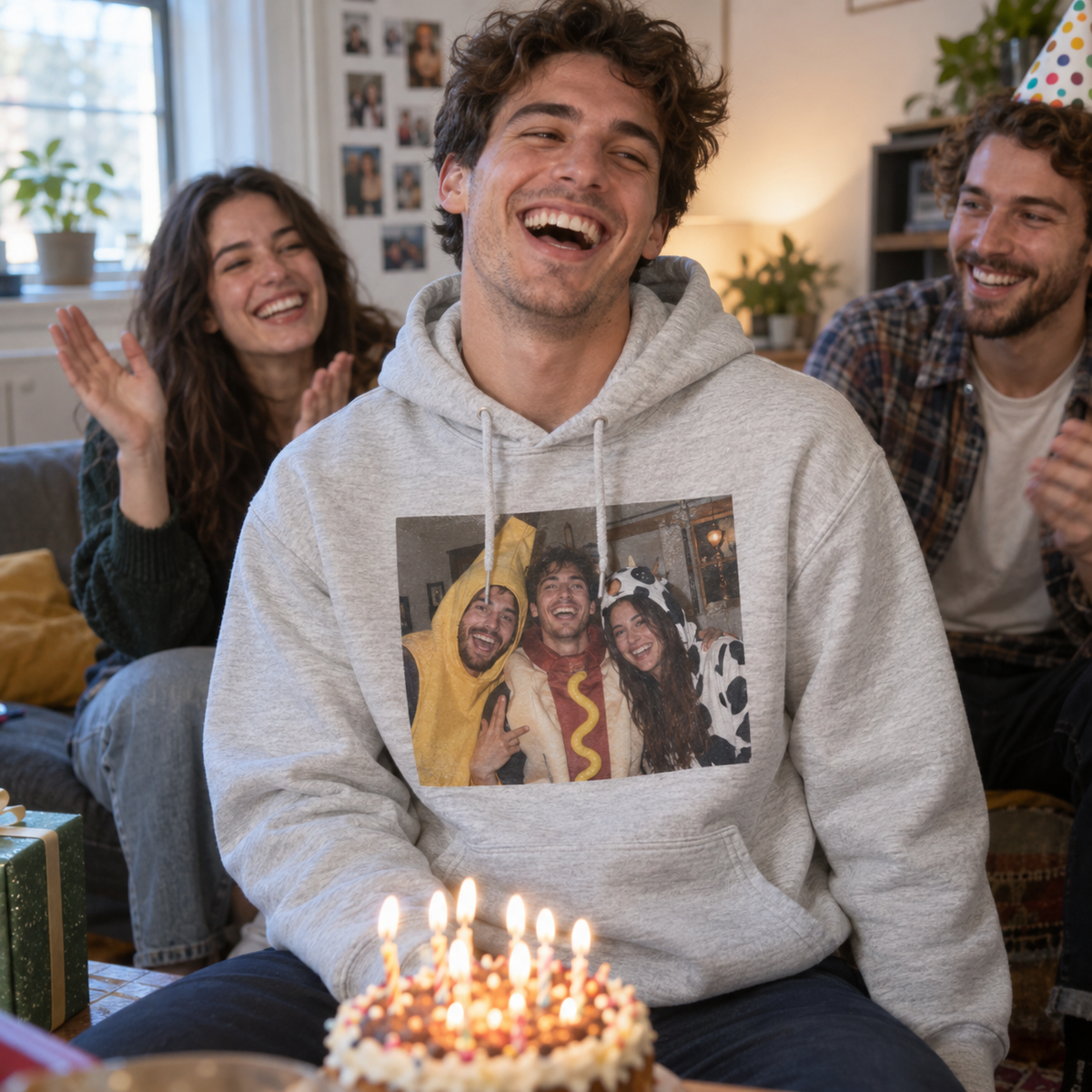 Personalized gray hoodie printed with a funny costume-party photo of three friends.