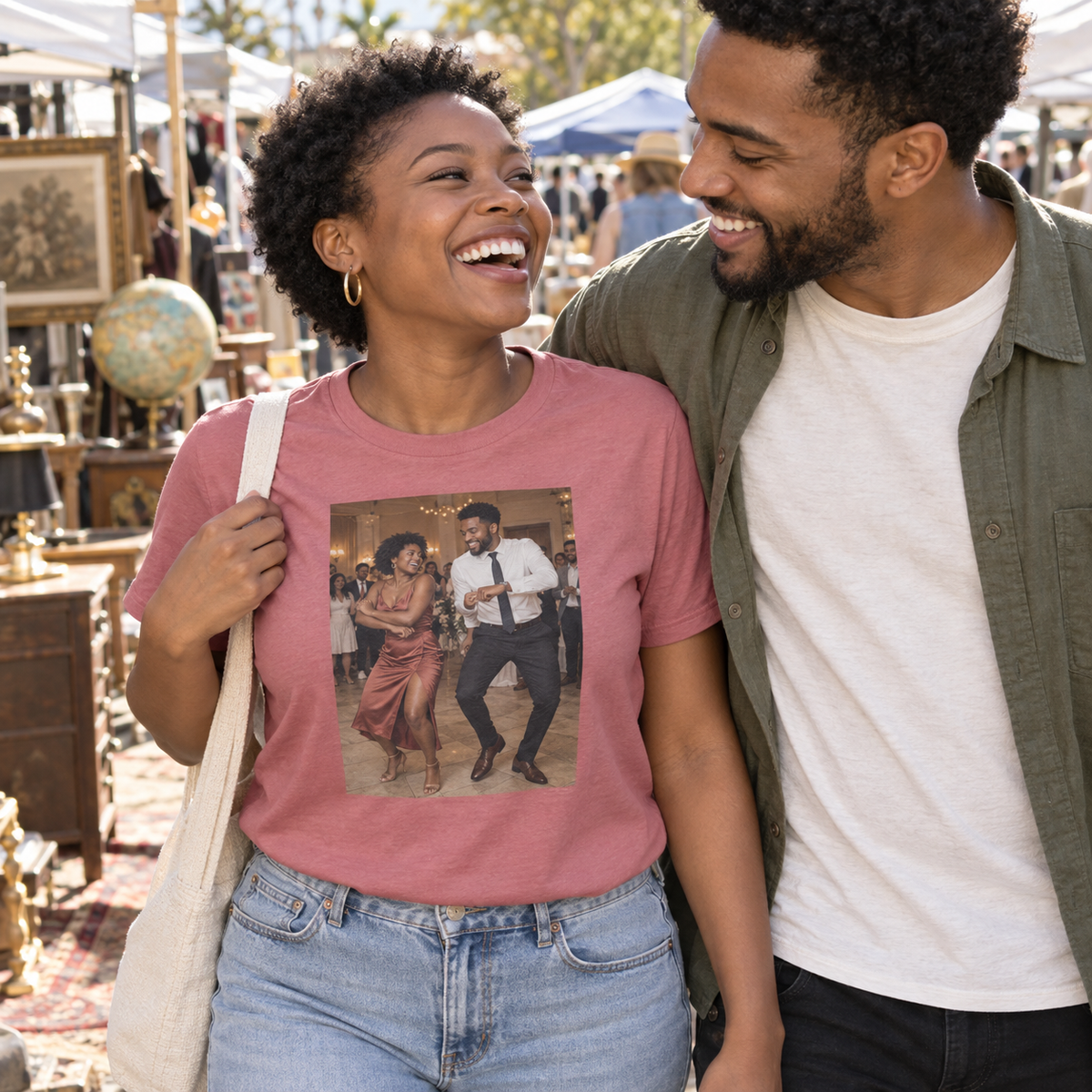 Personalized rose T-shirt printed with a couple's candid dance photo from a wedding.
