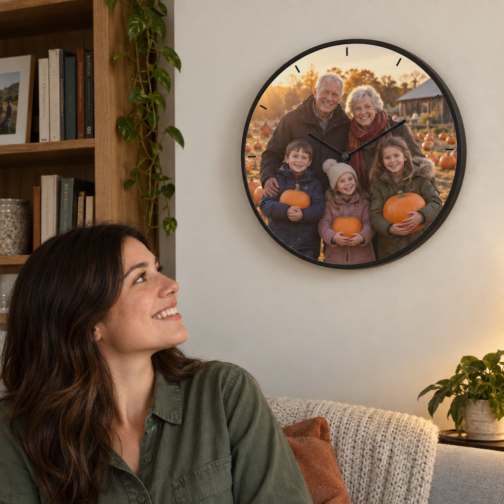 Round personalized wall clock printed with a family pumpkin patch photo.