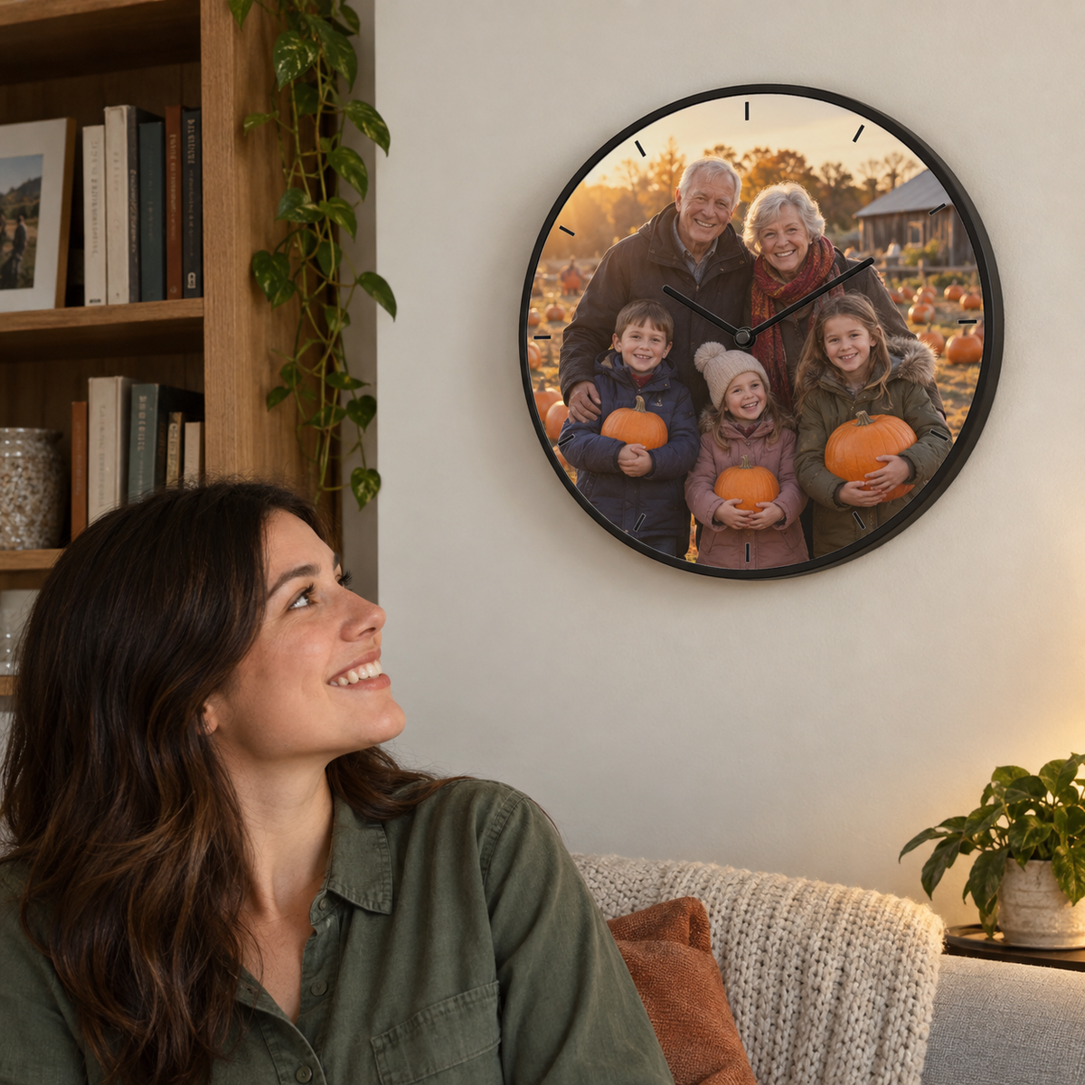 Round personalized wall clock printed with a family pumpkin patch photo.
