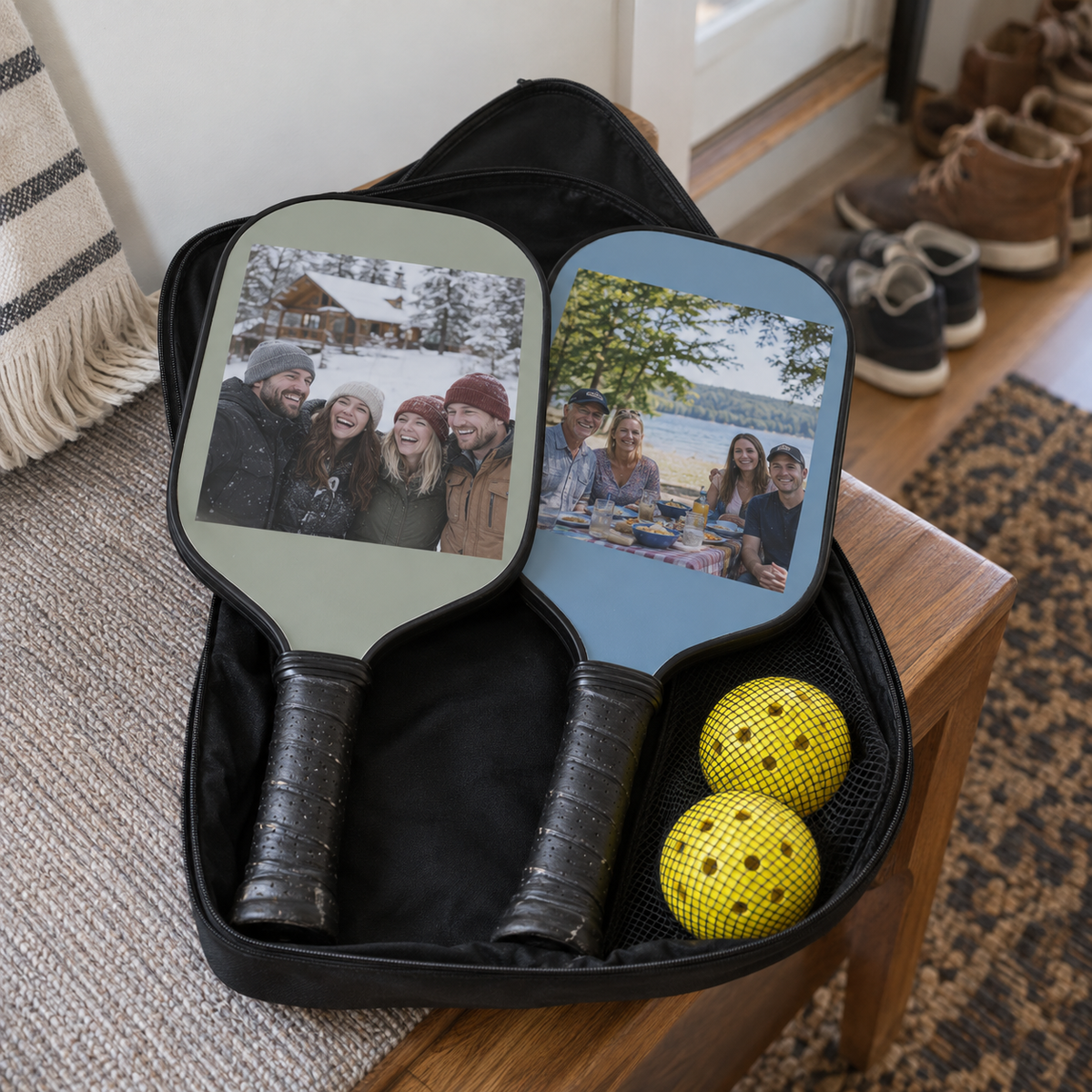 Personalized pickleball kit with old family reunion photos on both paddle faces, packed in a carry case.