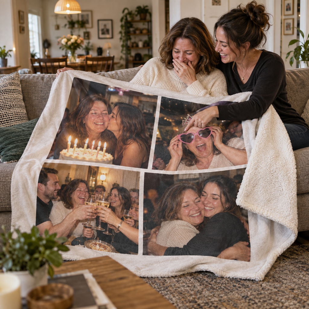 Personalized sherpa fleece blanket with four family birthday photos, shared on a sofa.