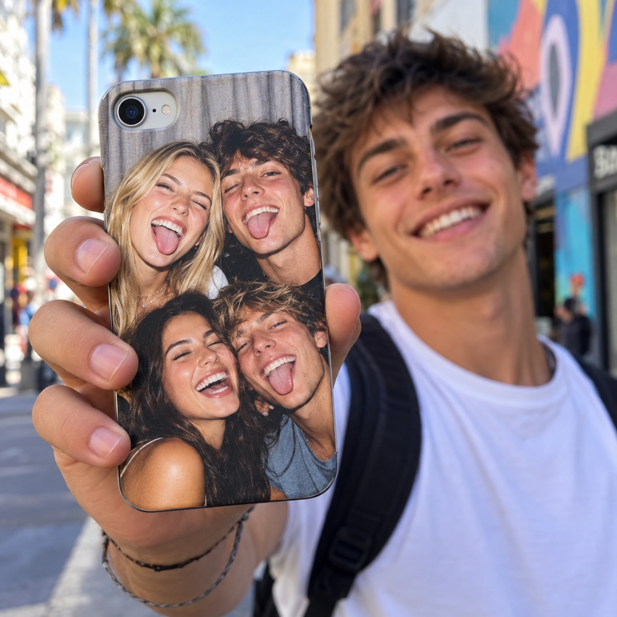 Slim personalized phone case printed with a funny photo booth picture of four friends.