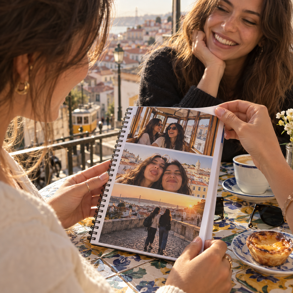 Personalized spiral notebook with three candid Lisbon travel photos of two friends on its front cover.