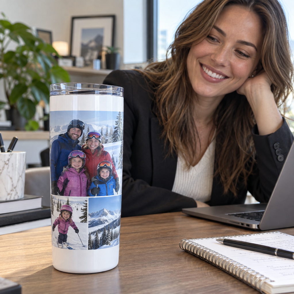 Personalized 20oz travel tumbler printed with family ski photos on an office desk.