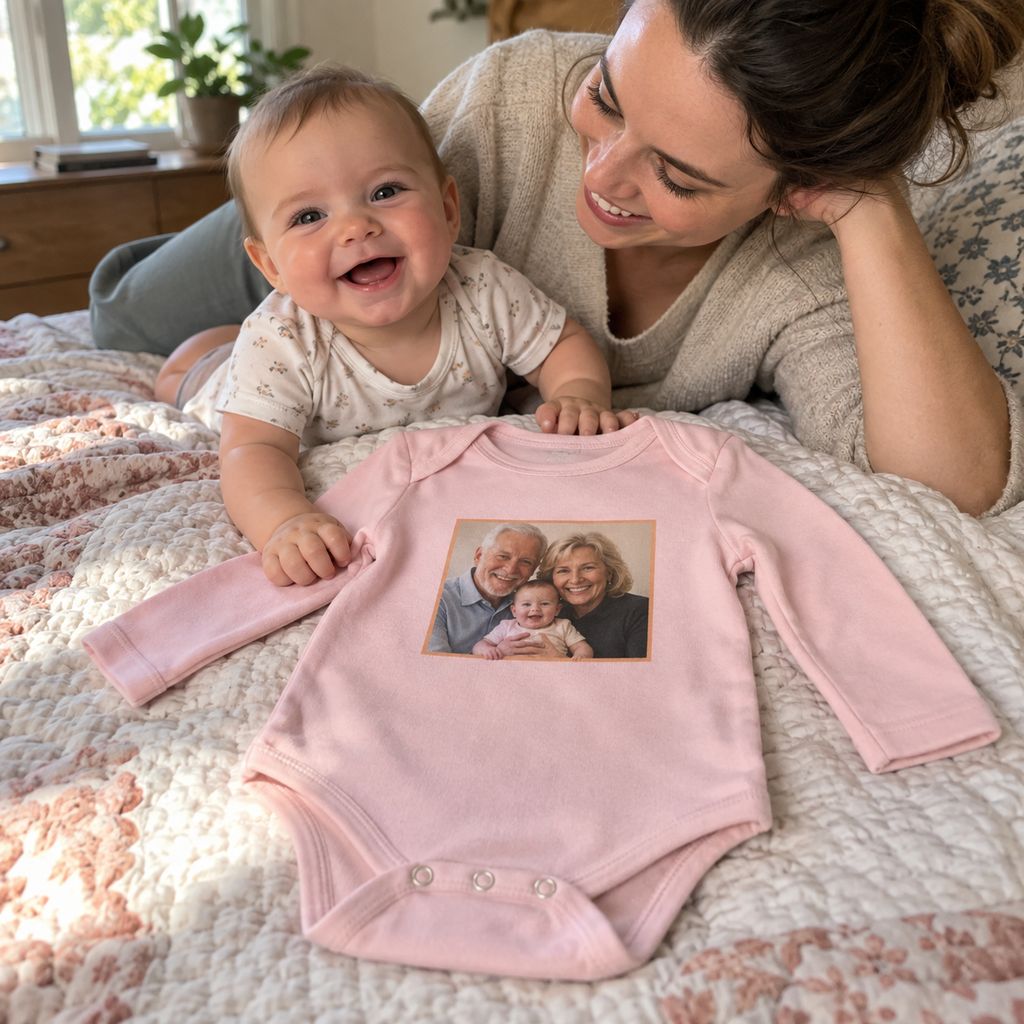 Pink personalized baby bodysuit printed with a family photo of the baby and grandparents, beside a smiling baby at home.