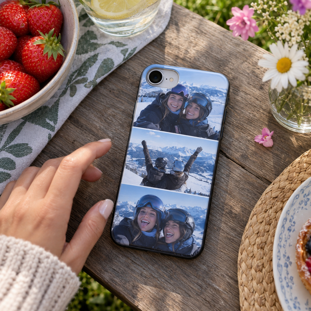 Personalized phone case printed with three photos of two sisters on a winter ski trip.